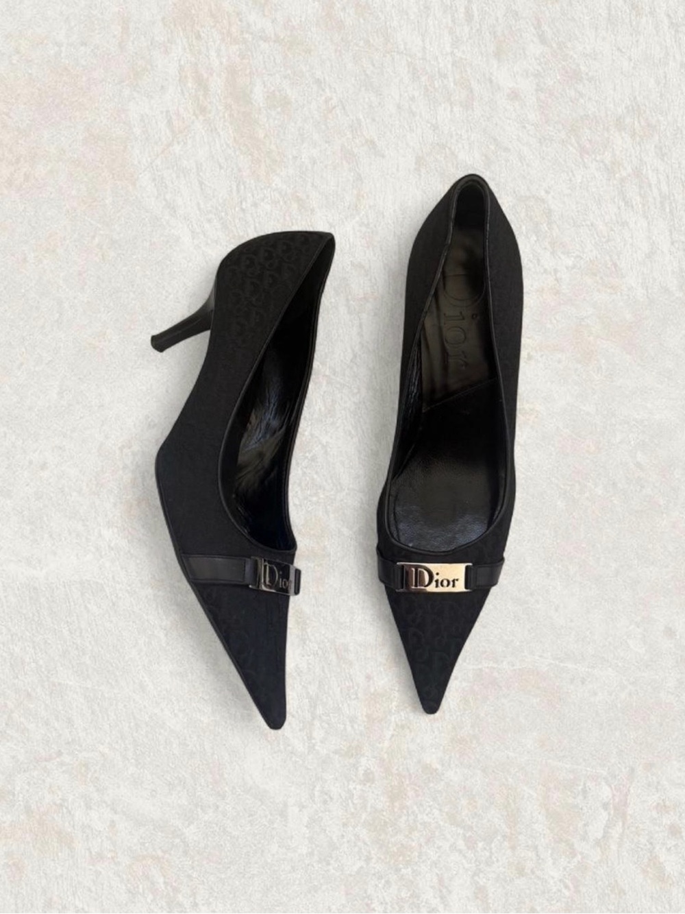 Auth Vintage Dior Black Monogram Silver Hardware Logo Plate Pointed Kitten Heels